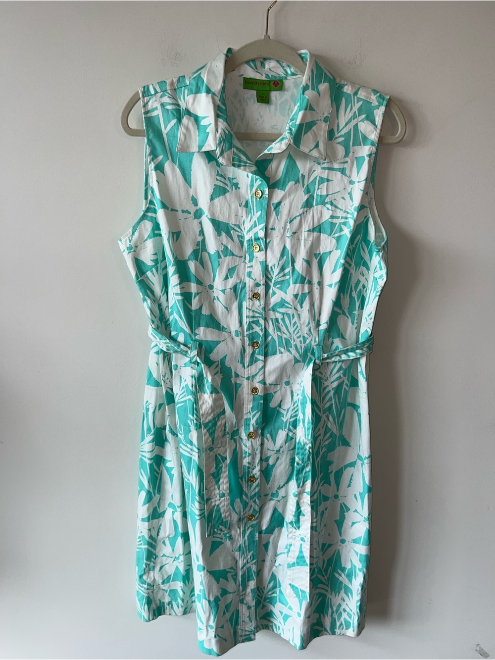 Island Republic Sleeveless Teal & White Floral Shirt Dress Tie Waist 100% Cotton - Picture 1 of 9